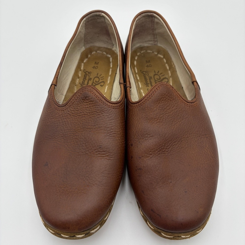 Sabah Handmade Turkish Brown Leather Slip On Loafer Shoes Size M 40 Women 9